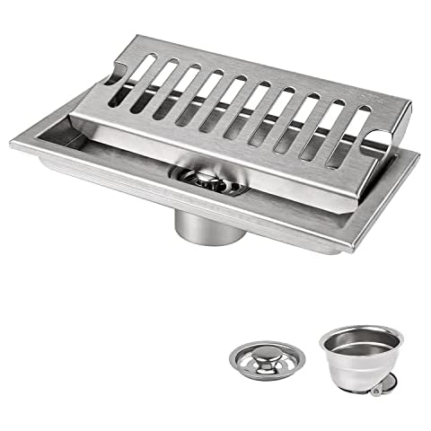 Bodenablauf mit Geruchsverschluss - LERANXIN Rechteck Bodenablauf, 20 × 10 cm Duschablauf mit Rückstauklappe, Silber Senkrecht Bodenablauf mit Edelstahlrost Cover