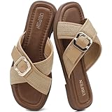 UBFEN Womens Flat Sandals Comfortable Summer Slide with Crisscross Woven Straps & Square Toe for Beach and Casual Wear Khaki US Size 8.5