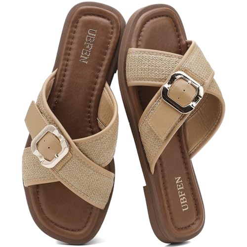 Image of UBFEN Womens Square Toe Flat Sandals Slides Dressy Comfortable for Beach