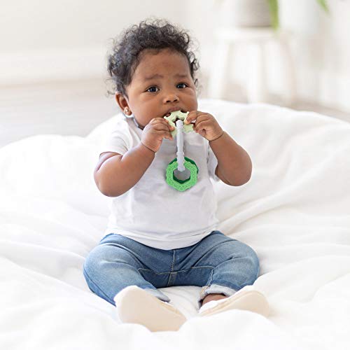 Image of Bumkins Baby Teething Freezer Toy Keys Rings, Soft Flexible Pacifier to Chew, Cool Teether Gum Relief, Babies 3 Months, Freezable Platinum Silicone, Sensory Bracelet with Charms, Green and Gray