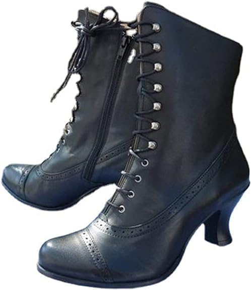 Women Vintage Victorian Boots 70s Lace up Ankle Boots Mid Heel Witch Granny Booties Retro Mid-Calf Costume Shoes