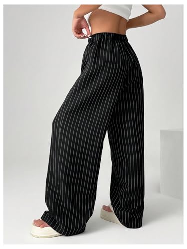 OYOANGLE Women's Striped Wide Leg Pants Elastic Waist Button Office Work Dressy Trousers2
