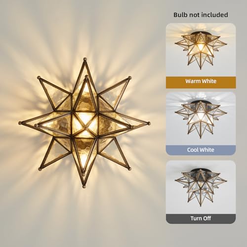 Image of Moravian Star Ceiling Light - 12.7 inch Brass & Hammered Clear Glass, Black