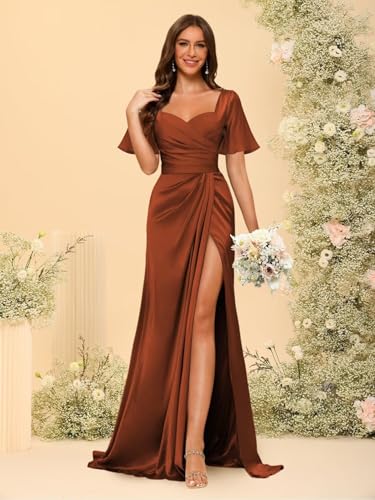Dessiny Short Sleeves Satin Bridesmaid Dresses for Women with Slit V Neck Pleated Maxi Formal Dress DE2323