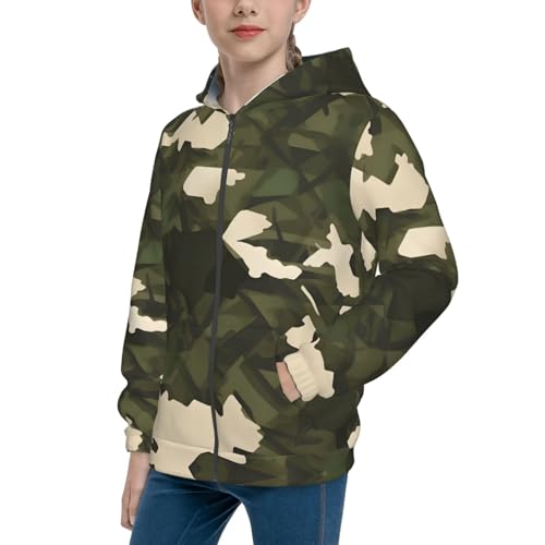 Army camouflage Print Girls Athletic Zip Up Hoodies,Sweatshirts with Pockets Long Sleeve Hooded Jackets, for 7-18 Y