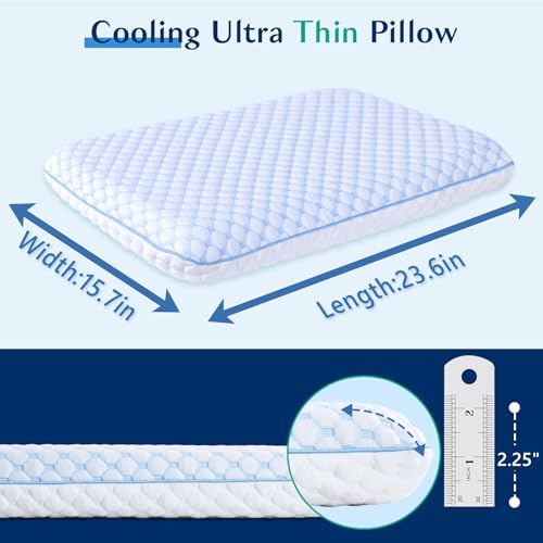 Iwacool Thin Pillow for Sleeping, Cooling Gel Flat Pillow for Stomach and Back Sleepers, Ultra Slim Stomach Sleeping Pillows for Shoulder Neck Pain Relief, Low Profile Memory Foam Pillows 2.25-inches