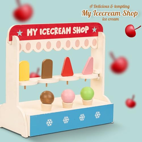 Image of Baybee Ice Cream Shop for Kids, Pretend Play Toys with 8 Pcs Playset, Educational Role Play Toy for Girls & Boys, Child-Safe Wooden Icecream Play Set for Kids Age 3 & Above