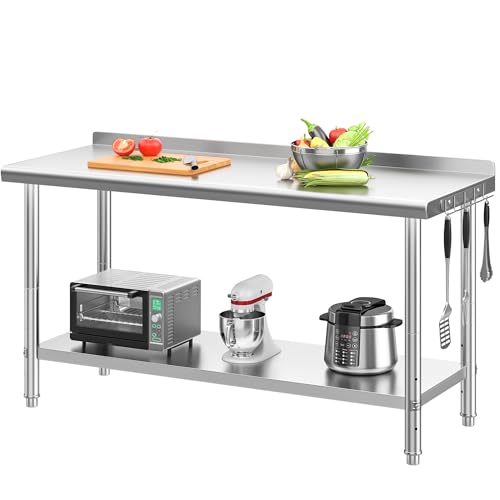 YITAHOME 60" x 24" Stainless Steel Table for Prep & Work with Backsplash, NSF Commercial Heavy Duty Table with Undershelf for Home Kitchen Restaurant Garage Warehouse