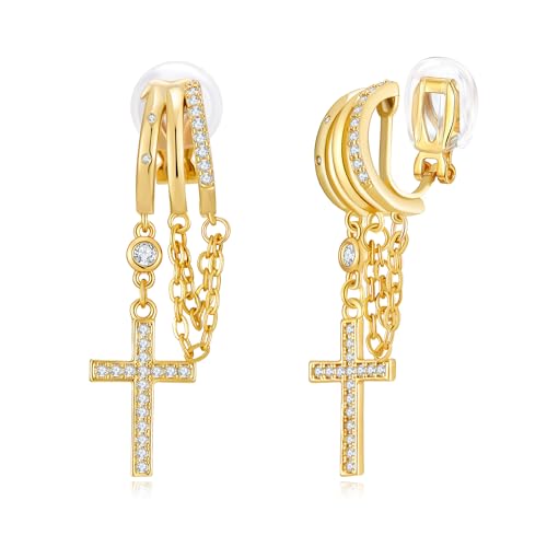 Gold Drop Clip On Earrings for Women Sparkling Cross Chain Dangle Clip Earrings Non Piercing Dangle Earrings Fashion Jewelry