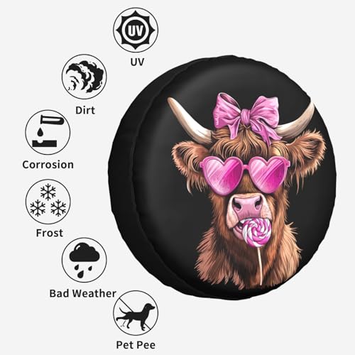 Image of Highland Cow Pink Heart Glasses Lollipop Bow Valentine Spare Tire Cover Wheel Protectors Dust-Proof Sun Protection Wheel Tire Covers Universal Fit for Truck SUV RV Camper Trailer 16 inch