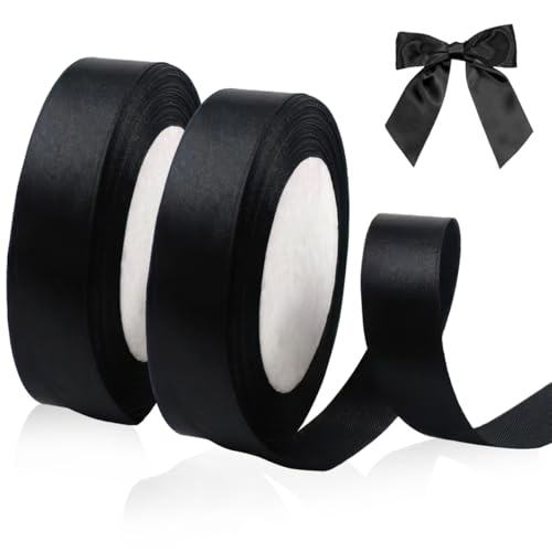 2 Rollos Cinta de Raso Satén Negro, Seda Raso-Inta de Lazo 20 mm x 22 Metros, Rollo de Cinta de Raso Satén, Satin Ribbon para Manualidades y Complementos el Pelo Coser Arte Embalaje de Regalo