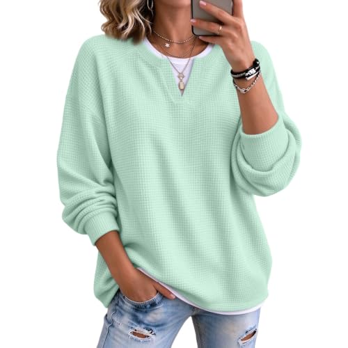 Waffle Tops for Women Faux Layered V Neck Waffle Knit Henley - image 1