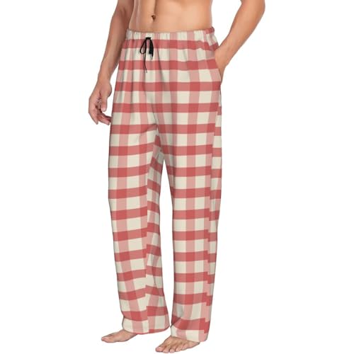 Mens Pajama Pants - Retro Pink Gingham Print Soft Sleep Lounge Pants For Men, Casual Pj Bottoms With Pockets