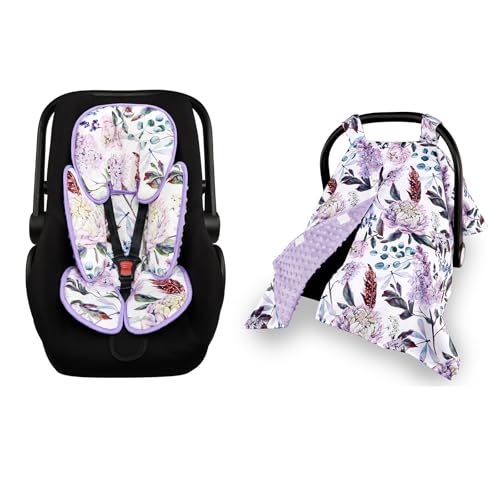 Image of Baby Car Seat Canopy Soft Minky Plush Dotted Backing Baby Car Seat Cover Girls, Infant Car Seat Insert for Newborn Girls Boys, HNHUAMING 2 in 1 Reversible Baby Car Seat Head Body Support