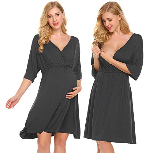 Ekouaer 3 in 1 Labor/Delivery/Hospital Gown Maternity Dress Nursing Nightgown Sleepwear for Breastfeeding V Neck Short Sleeve Nightshirt Sleeping Dress, Grey, X-Large