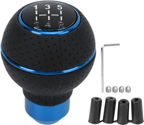 Image of AutoBizarre 5 Speed Aluminum Base Metal Ring Leather Covered Gear Knob Gear Shifter Handle Knob for All Manual Transmission Cars (Blue)