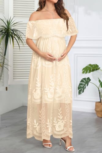 Image of Women's Off Shoulder Maternity Dress Swiss Dot Boho Baby Shower Dress