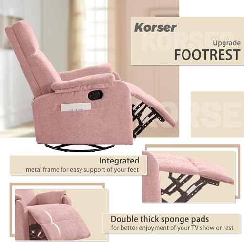 Image of Korser Recliner Chair, Swivel Rocking Recliner Chair for Adults, Glider Rocking Chair, Small Nursery Chair Recliner for Living Room, Reclining Chair with Modern-Designed Armrests, Chenille, Pink
