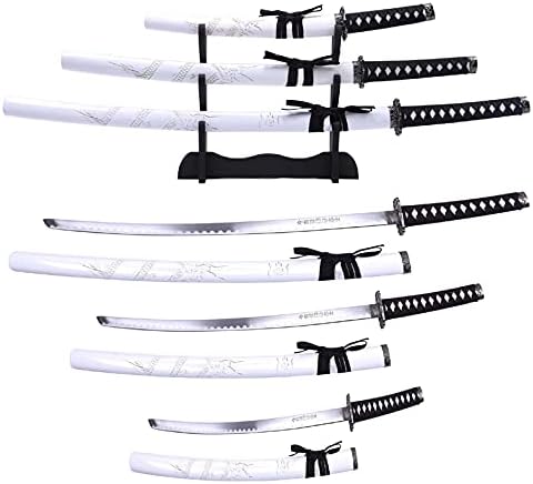 Juego de 3 espadas japonesas samurái Katana DamaskerUS con vaina de madera grabada de dragón y soporte ninja