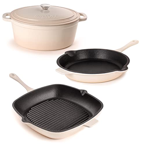 BergHOFF Neo 4Pc Enameled Cast Iron Cookware Set, Fry Pan 10 inches, Grill Pan 11 inches, 5qt. Dutch Oven, Matching Lid, Fast, Evenly Heat, Oven Safe (Meringue)