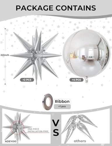 Image of 6Pcs 22Inch Silver Disco Ball Balloons - 4D Large Foil Balloons with Metallic Star for 70s Disco Dance Birthday Party