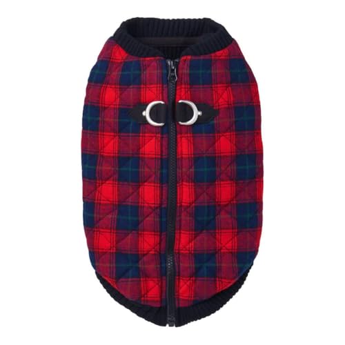 Image of Gooby Fashion Vest Check Dog Jacket, Red Check, X-Small | Checkered quilted bomber, water-resistant; Stretch knit bottom; Dual D-ring leash; Pain-free zipper guard