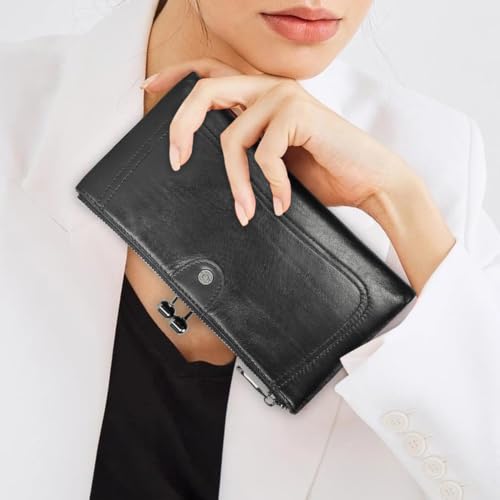 Image of CONTACTS Kiss Lock Wallet Leather Kiss Clasp Purse Bifold Rfid Wallets Card Phone Holder Clutch (Customized)
