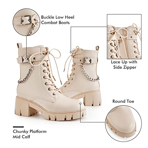 Tinstree Motorcycle Boots Womens,2022 Fashion Classic Women Round Toe Calf Patch Hit Color Brown Gogo White Black Sole Rubber Combat Boots Waterproof Snow Proof Zip Boot With Buckles Beige,11 #TOP2
