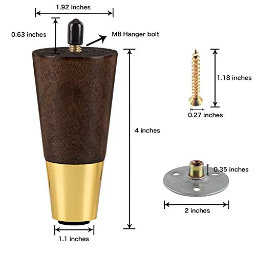 Alamhi Wood Furniture Leg Sofa Legs 4 Inch Brown Round Tapered Mid-Century Modern Feet With Brass Base Replacement Legs For Cabinets,Coffee Table,Ottoman,Tv Stand,Loveseat,Armchair Set Of 4 #TOP3