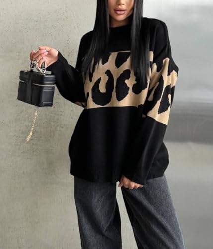 CHARTOU Women Fall Winter Leopard Sweater Casual Oversized Crew Neck Long Sleeve Pullover Sweater Knitted Tops3