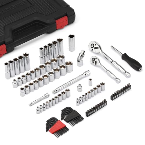 EMENTOL Juego de 94 llaves maestras de 1/4 pulgadas y 3/8 pulgadas, CR-V, SAE/métricas con trinquete, brocas, barras de extensión, junta universal, adaptador, llaves hexagonales