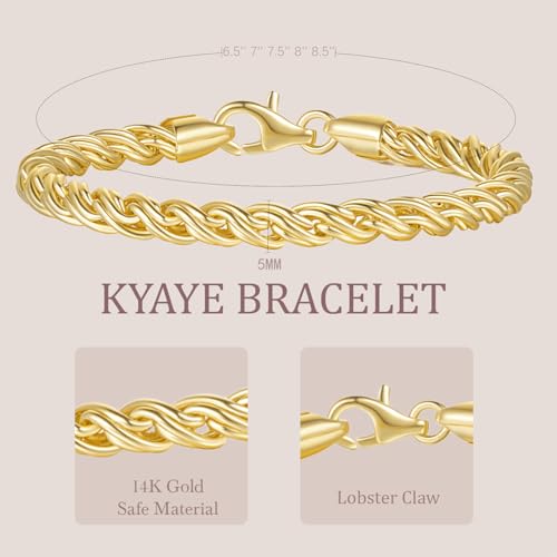 14K Gold Bracelets for Women Non Tarnish Braided Gold Chain Charm Bracelet Gift for Womens Men Hypoallergenic 5 Sizes 6.5'' 7” 7.5” 8” 8.5”4