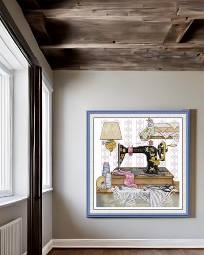 Image of CaptainCrafts Cross Stitch Kits for Adults Stamped Cross Stitch Printed Fabrics Needlework Craft Home Decor (Stamped 11CT, Sewing Machine with Yellow Wall lamp)