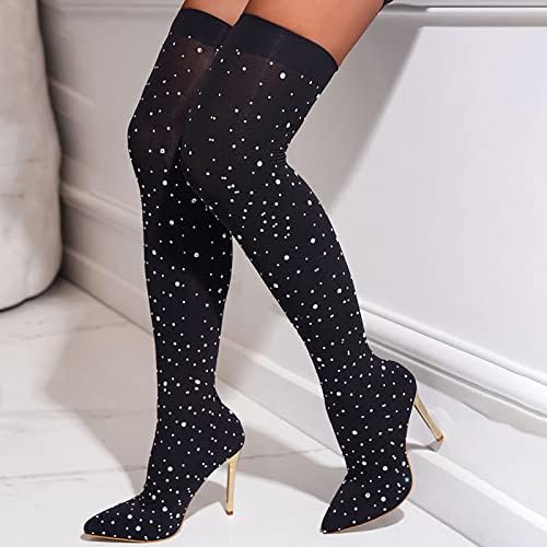Foreign Trade Elastic Thin Mesh Boots Sexy Nightclub Rhinestone High Knee Boots Fashion Large Size Thin Heel Women's Boots