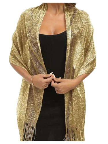 MakeMeChic Women's Metallic Tassel Trim Scarf Sparkly Party Elegant Shawls and Wraps