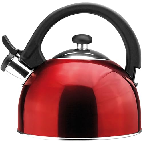 MAGEFESA Sabal Stainless Steel Whistling Red Tea Kettle, 2.1 Qts, smooth and clean pouring system, ergonomic handle, Removable Lid for Easy Cleaning Teapot
