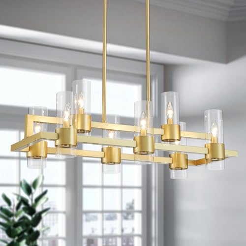 Image of WUZUPS Island Rectangle Chandelier 8-Light with Clear Glass Industrial Modern Farmhouse Linear Light Fixture for Dining Room Kithen Island, Width 33.5 inch Height 12.6 inch, Gold