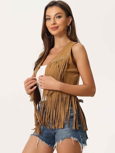 Image of Allegra K Women's Fringe Top Vest Open Front Western 70s Outfits Faux Suede Tassel Cardigan