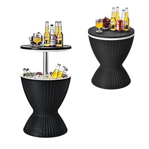 RELAX4LIFE 3 in 1 Beistelltisch Outdoor Kühltisch in Rattanoptik Getränkekühler höhenverstellbar 30 L Cool Bar mit abnehmbarem Deckel & Abflussloch bis 75kg belastbar für Party & Camping Schwarz