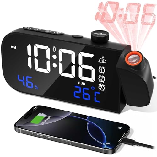 MOSUO Reloj despertador con proyección digital con proyección de temperatura y humedad, despertador fuerte, reloj de proyección digital para dormitorio, con 3 alarmas, activado por voz, atenuador, 7