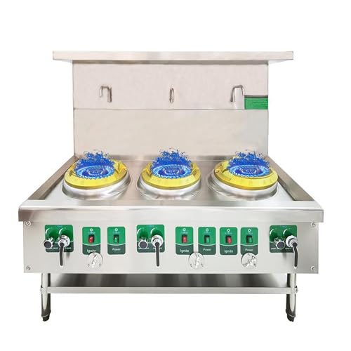 INTSUPERMAI Commercial Gas Wok Stove - Upgraded Three-Burner 85300BTU LPG and Natural Gas Chamber - Stainless Steel Chinese Wok Range With Safe Baffle, 3 Stove Heads 110V