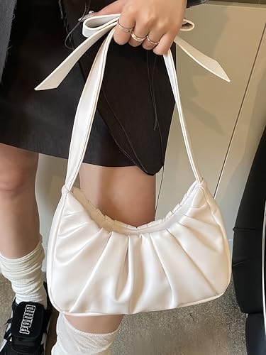 Coquette Shoulder Purse Women Pleated Balletcore Hobo Bag Cute Solid Bow Strap Handbag Clutch Tote3