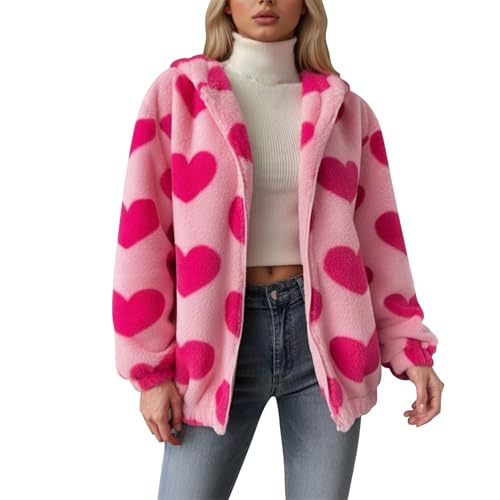 YOSUWOAI Chaquetas Otoño Mujeres Kawaii Corazón Rosa Sudadera con Capucha Ajuste Holgado Abrigos con Cremallera Chaqueta de Forro Polar Cálida Chaqueta de Felpa Suave Invierno Ropa de Mujer Harajuku