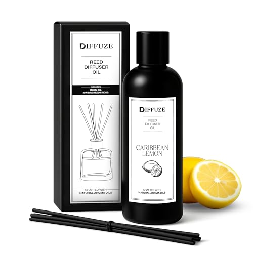 Image of DIFFUZE Caribbean Lemon Essential Oil Reed Diffuser Refill with 10 Fibre Reed Sticks | Citrus Aroma Oil, Fragrance Oil & Diffuser Oil for Home Fragrance | Essential Oil Diffuser for Home
