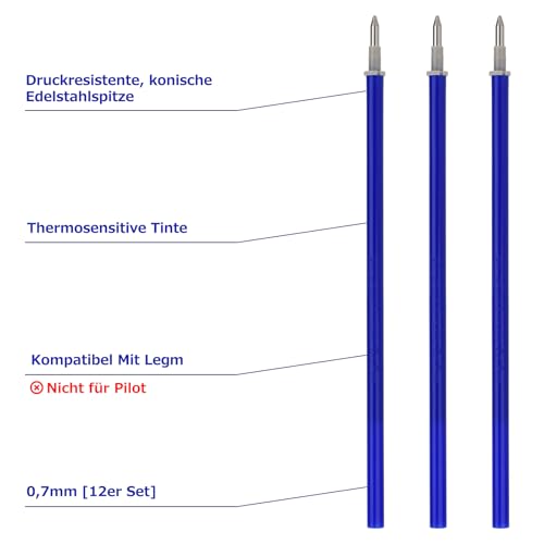 Ersatzminen, Kompatibel Mit Legami, [ Blau, 12er], Spitze 0,7mm,Höhe 13 cm, Radierbare Tintenrolle