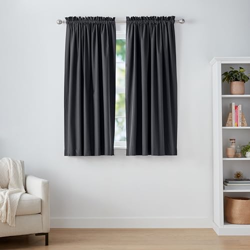 Amazon Basics Room Darkening Blackout Window Curtain with Rod Pocket and Tie Back, 52 x 63 Inches, Black - Set of 2