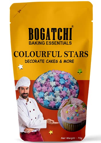 Image of BOGATCHI Colourful Stars Shape Sprinkler for Cake Decoration | Topping for Cake & Other Baking Items| Colored Sugar Confectionary | Cake Decorating Sprinkler |Gluten Free & Vegan |75g