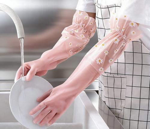 ITISMUNGO Dishwashing Cleaning Gloves Thick Waterproof Tear-Resistant Household Rubber Gloves with Long Elastic Cuffs for Kitchen Laundry Fruits Gardening (Pink Lace)