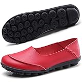 Hsyooes Women's Leather Loafers & Slip-Ons Flats Driving Walking Casual Moccasins Soft Sole Shoes,Red,9.5 US/42 EU