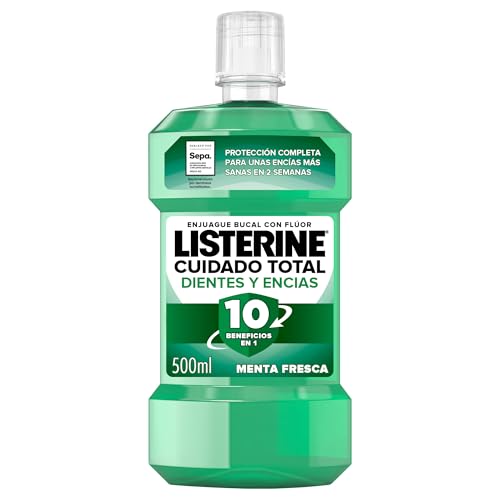 Listerine Protección Dientes y Encías (1 x 500 ml), enjuague bucal con flúor, colutorio encías con 10 beneficios en 1 y 12 h de protección, para unos dientes blancos